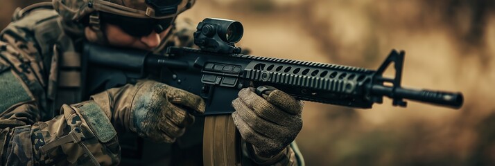 Fototapeta premium A camouflaged soldier aims his rifle during a military operation, focused on target with natural background setting.