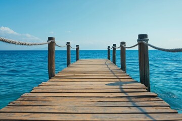 Naklejka premium A rustic wooden pier stretches out towards the serene, azure sea, creating a sense of tranquility.