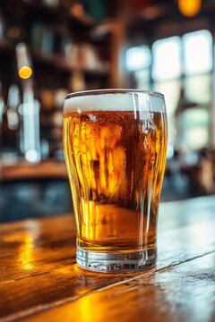 A crisp glass of beer on a sunlit wooden table, capturing the refreshing allure and warmth of a convivial setting.