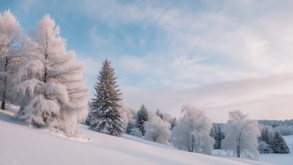 Picturesque winter landscape covered in deep snow with frosty trees.