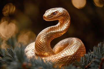 Fototapeta premium Golden snake as a symbol of the new year in China. Golden snake on the background of fir branches and golden bokeh. Chinese new year 2025