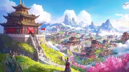 Obraz premium Scenic view of a Chinese pavilion on a hill, overlooking the natural landscape, showcasing traditional architecture.