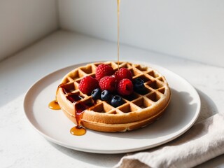 delicious waffles topped with fresh raspberries and blueberries drizzled with syrup.