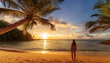 Turista observando o por do sol em uma linda praia