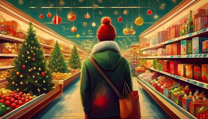 Uma pessoa no mercado decorado com artigos de natal fazendo compras natalinas
