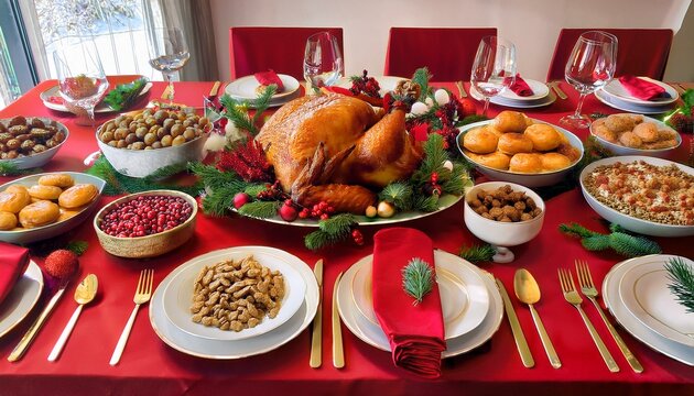 Um delicioso assado de Natal em uma mesa de Natal festivamente decorada.