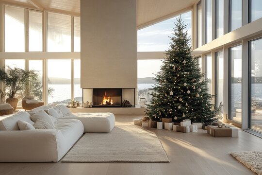 Christmas interior of a bright modern living room with a large Christmas tree decorated with gifts in a cozy home