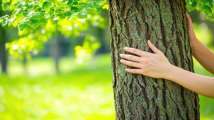 Two hands touching the rough bark of a tree trunk, promoting environmental stewardship and forest care.