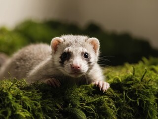 Curious Ferret Peeking over Mossy Ground.