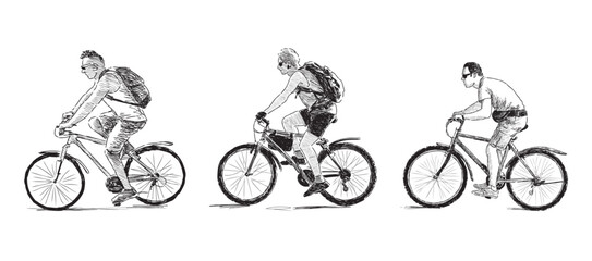 Obraz premium Cyclists riding bikes, three young men in sunglasses with backpacks, active sports citizens, profile view, realistic sketch, vector hand drawing isolated on white