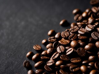 brown roasted coffee beans closeup on dark background.