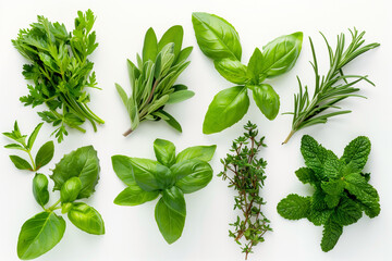 fresh various herbs on white background, cooking ingredients, green spices