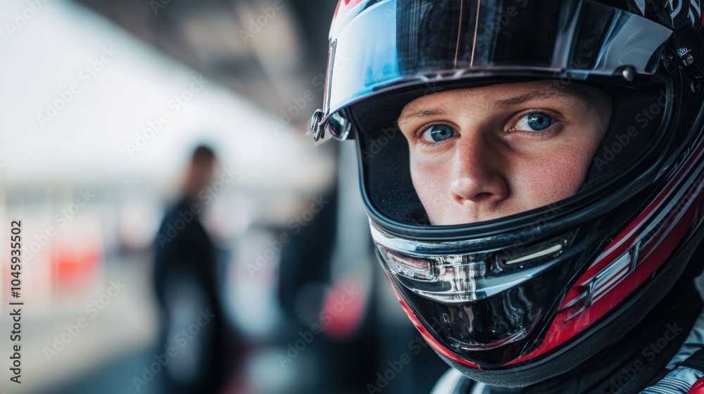 Poster a professional racer prepares intensely in a helmet, showcasing determination while waiting for the 