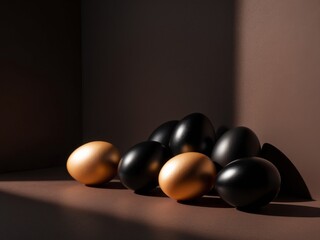 Naklejka premium A collection of golden and black eggs arranged on a dark background.
