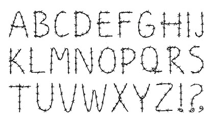 Letters latin alphabet from barbed wire, vector hand drawn illustration isolated on white