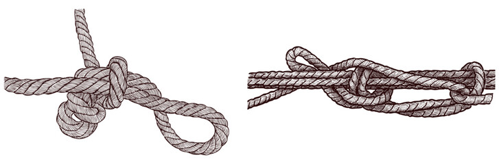 Hand drawings of durable nautical knots of rigging rope, vector illustration isolated on white