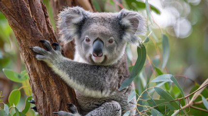 Fototapeta premium This koala, nestled among green leaves, enjoys the tranquility of its environment while showcasing its relaxed demeanor.