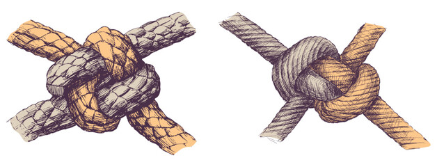 Hand drawn two strong nautical knots of  rigging ropes, vector illustration isolated on white © avelksndr