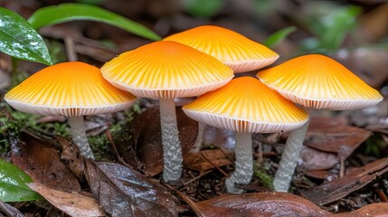 Fototapeta premium White and orange cap mushrooms thriving in the forest, with a rich backdrop of leaves, moss, and natural wood textures.