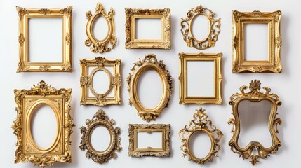 Elegant collection of ornate frames in gilded gold, isolated on a white background