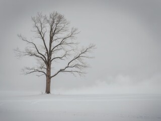 Fototapeta premium A single tree stands tall in a snowy environment.