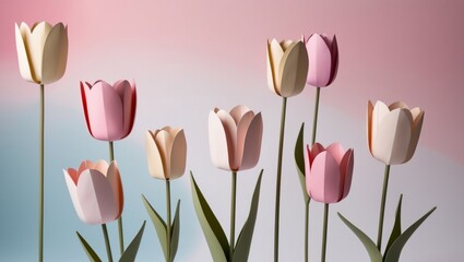 artistic paper tulips with soft shadows on a pink and blue gradient.