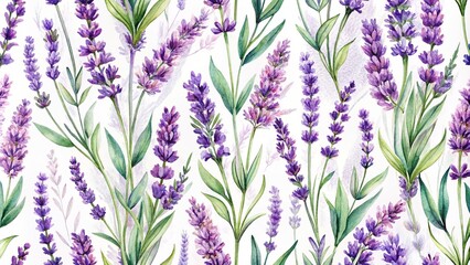 watercolor seamless pattern background with lavender flowers silhouette