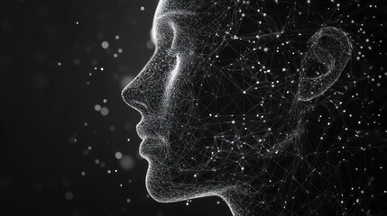 A wireframe portrait of a woman's face, made up of lines and dots, against a dark background with glowing particles.