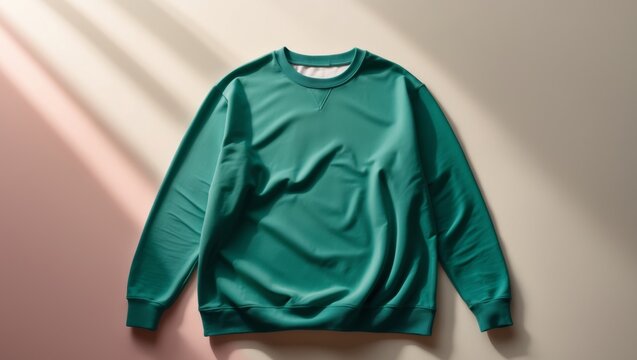 blank emerald sweatshirt template for design presentation on pink pastel background.