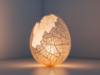 Glowing cracked egg sculpture with internal light source.