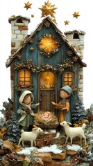 Fototapeta premium Charming Christmas nativity scene with children and lambs in a snowy setting.