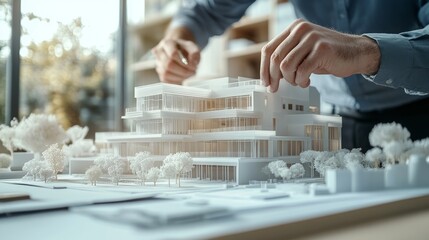 Modern office space with diverse team working on large architectural blueprints