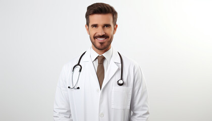 Fototapeta premium A smiling male doctor with a stethoscope, wearing a white robe and tie, stands on a white background.