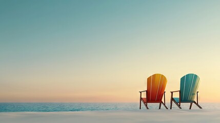   A pair of lawn chairs rests beside each other on a sandy beach, facing the vast ocean