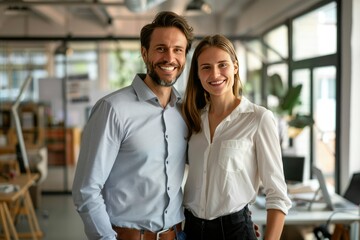 Fototapeta premium A cheerful image of a male and female business couple smiling confidently in a modern office environment showing professionalism, teamwork, and positivity.