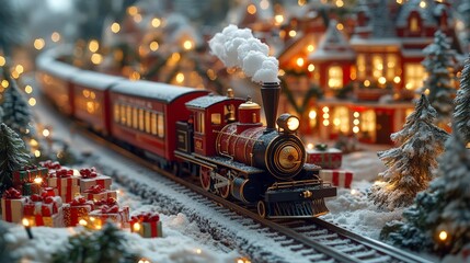 The train carries a lot of presents in the carriages. In the background there is snow, garlands and a Christmas town. In the foreground there are Christmas tree decorations. Bright light