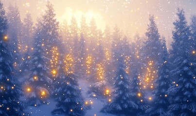 Naklejka premium A serene winter forest scene with snow-covered pine trees, illuminated by glowing Christmas lights and soft, golden sparkles scattered throughout the frosty air.
