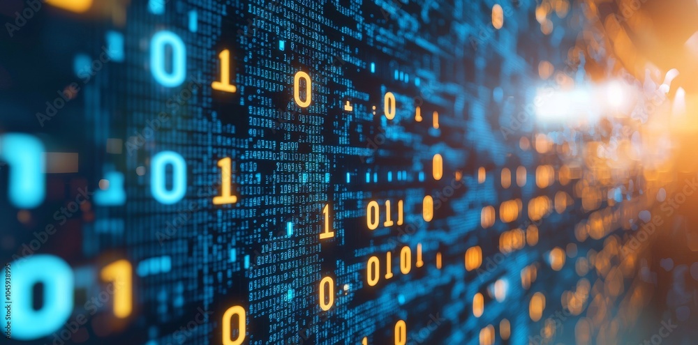 Poster an image of a blue binary code background with glowing lights and flowing data, illustrating technol