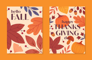 Happy thanksgiving day seasonal posters with pumpkins,mushroom,leaves,berries,plants in fall colors.Vector holiday illustrations.Autumn thanksgiving templates for prints,ad,smm,branding,covers