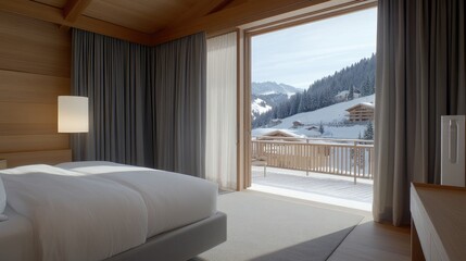 A cozy bedroom featuring a large window that frames a picturesque snowy landscape, with wooden walls and soft bedding inviting relaxation on a tranquil winter morning