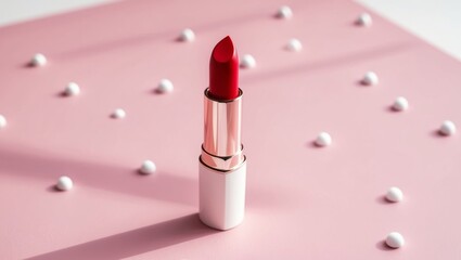 red lipstick on pink flay lay surface with dots , cosmetic ad.