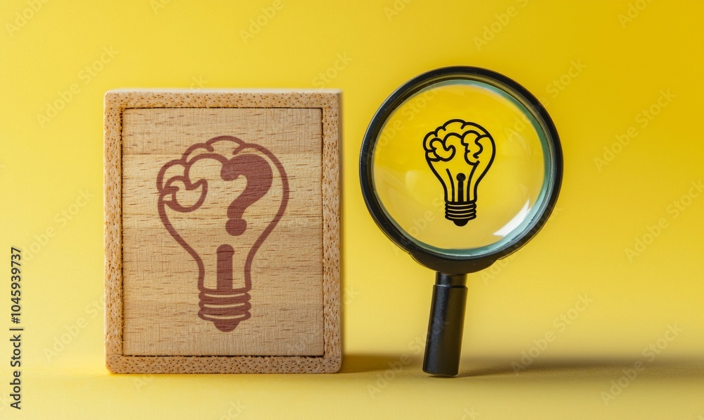Poster an image of a hand holding a magnifying glass and a lightbulb lamp with a question mark on a yellow 