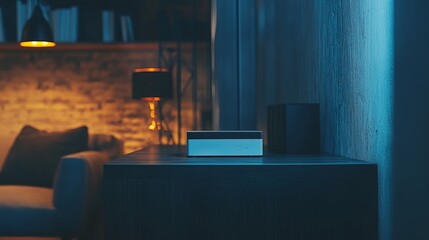 Wi-Fi router on black wooden table in room