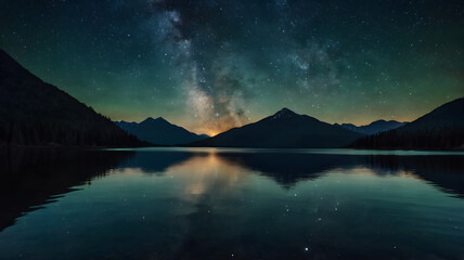 Dark mountain lake beneath a vibrant night sky, with a visible galaxy above, creating a mesmerizing nature backdrop