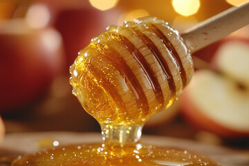 Close-up of Honey Dipper: A honey dipper covered in golden honey, with apples in the background, ready for Rosh Hashanah.