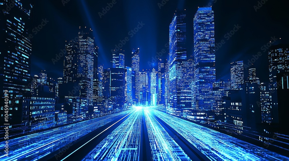 Poster data analytics with holographic displays in a high-tech office district emphasize advanced data proc