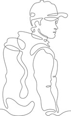 Continuous one line drawing tourist with a backpack in the mountains. Mountaineering. Rock climbing. High mountains. One continuous line isolated minimal vertical illustration.