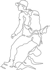 Continuous one line drawing tourist with a backpack in the mountains. Mountaineering. Rock climbing. High mountains. One continuous line isolated minimal vertical illustration.