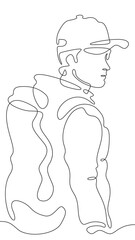 Continuous one line drawing tourist with a backpack in the mountains. Mountaineering. Rock climbing. High mountains. One continuous line isolated minimal vertical illustration.