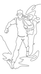 Continuous one line drawing tourist with a backpack in the mountains. Mountaineering. Rock climbing. High mountains. One continuous line isolated minimal vertical illustration.